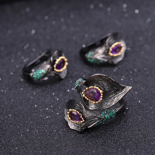 Conjunto de Joyería Amatista en Forma de Flor - Plata 925 Plateada - Image 25