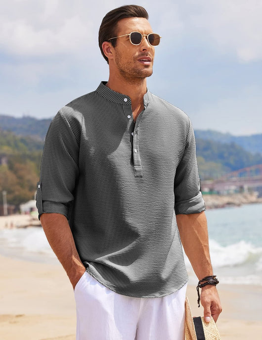 Camisa Casual Manga Larga Cuello Mao Hombre Color Sólido - Image 17