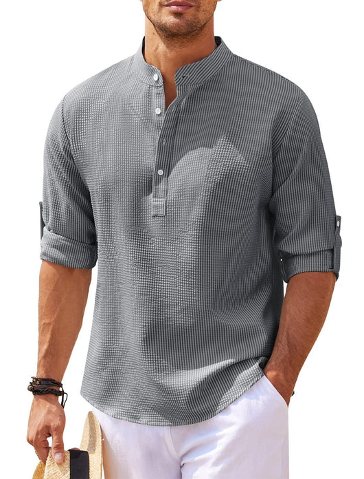 Camisa Casual Manga Larga Cuello Mao Hombre Color Sólido - Image 19