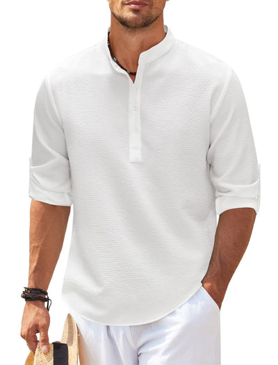 Camisa Casual Manga Larga Cuello Mao Hombre Color Sólido - Image 20