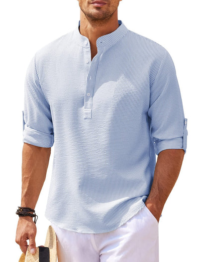 Camisa Casual Manga Larga Cuello Mao Hombre Color Sólido - Image 21