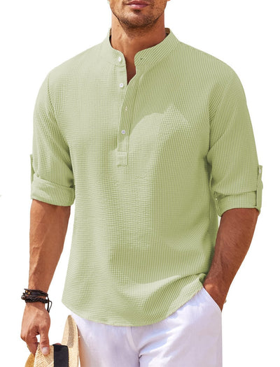 Camisa Casual Manga Larga Cuello Mao Hombre Color Sólido - Image 22