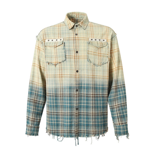 Camisa de Manga Larga Tie-Dye Cuadros Degradado para Hombre - Image 24