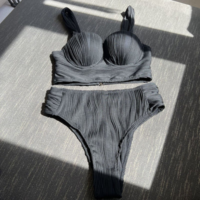 Women's light peach ribbed high-waisted two-piece swimsuit with a bandeau top and wide straps. - Image 25