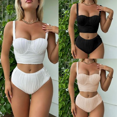 Women's light peach ribbed high-waisted two-piece swimsuit with a bandeau top and wide straps. - Image 26