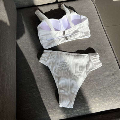 Women's light peach ribbed high-waisted two-piece swimsuit with a bandeau top and wide straps. - Image 28