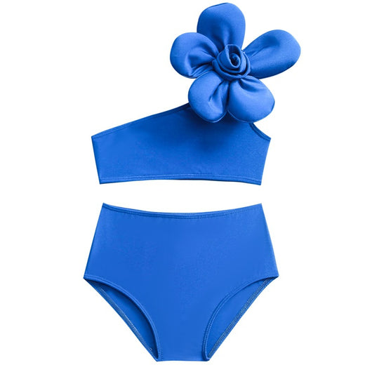 Red children's split swimsuit with a one-shoulder top featuring a large decorative flower and high-waisted bottoms. - Image 21
