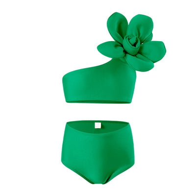Red children's split swimsuit with a one-shoulder top featuring a large decorative flower and high-waisted bottoms. - Image 23