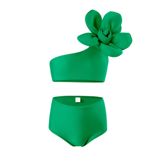 Red children's split swimsuit with a one-shoulder top featuring a large decorative flower and high-waisted bottoms. - Image 23