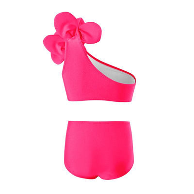 Red children's split swimsuit with a one-shoulder top featuring a large decorative flower and high-waisted bottoms. - Image 25