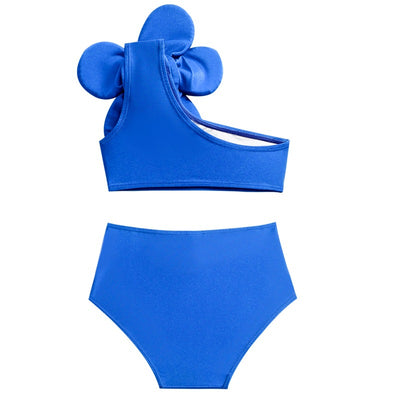 Red children's split swimsuit with a one-shoulder top featuring a large decorative flower and high-waisted bottoms. - Image 28