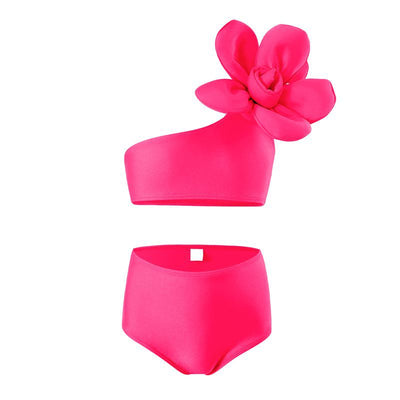 Red children's split swimsuit with a one-shoulder top featuring a large decorative flower and high-waisted bottoms. - Image 29