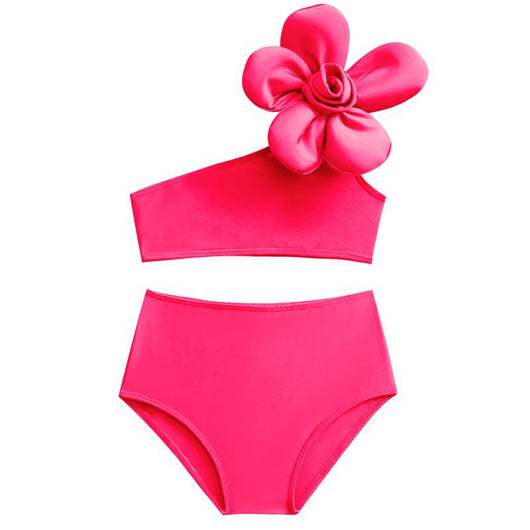 Red children's split swimsuit with a one-shoulder top featuring a large decorative flower and high-waisted bottoms. - Image 30