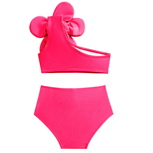 Red children's split swimsuit with a one-shoulder top featuring a large decorative flower and high-waisted bottoms. - Image 31