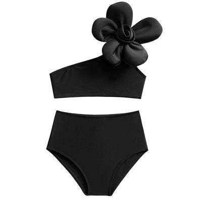 Red children's split swimsuit with a one-shoulder top featuring a large decorative flower and high-waisted bottoms. - Image 36