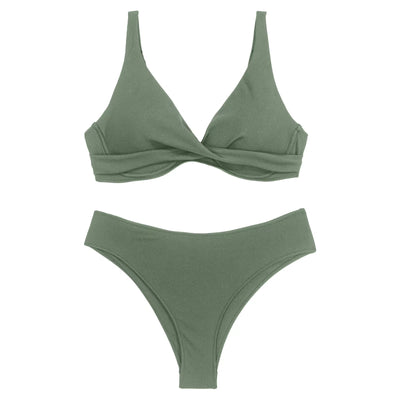 Women's neon green ribbed two-piece swimsuit with a twisted front bikini top and high-waisted bottoms. - Image 21