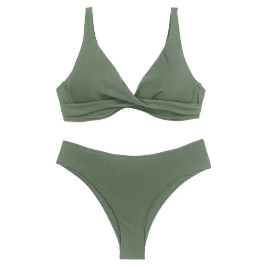 Women's neon green ribbed two-piece swimsuit with a twisted front bikini top and high-waisted bottoms. - Image 21
