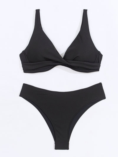 Women's neon green ribbed two-piece swimsuit with a twisted front bikini top and high-waisted bottoms. - Image 24