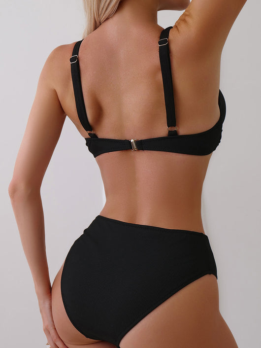 Women's neon green ribbed two-piece swimsuit with a twisted front bikini top and high-waisted bottoms. - Image 28