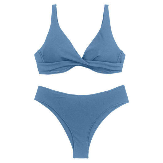 Women's neon green ribbed two-piece swimsuit with a twisted front bikini top and high-waisted bottoms. - Image 29