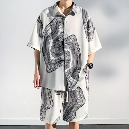 Conjunto de Playa para Hombre - Camisa Estampada y Pantalones Cortos Seda de Hielo Verano - Image 31