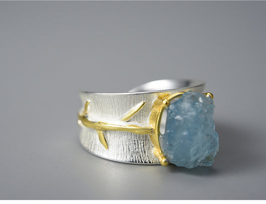 Anillo de Plata 925 con Aguamarina y Hoja para Mujer - Image 11