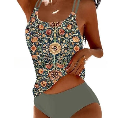 Woman wearing a red retro split high waist tankini swimsuit with an ornate mandala print top on a beach. - Image 16