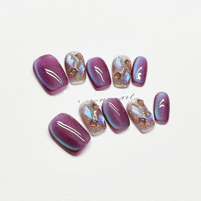 Uñas Postizas Gato Ojo de Gato Púrpura Cortas Removibles - Image 12