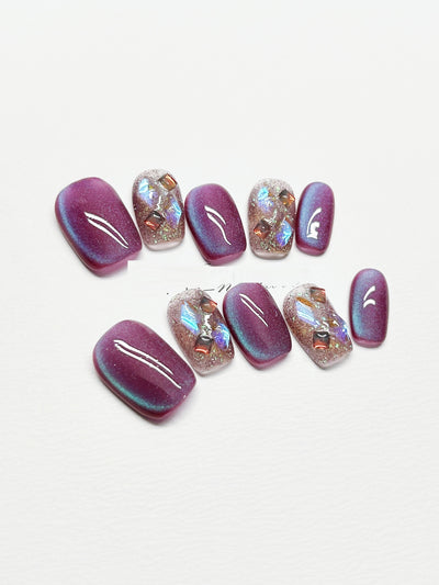 Uñas Postizas Gato Ojo de Gato Púrpura Cortas Removibles - Image 14