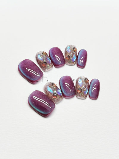 Uñas Postizas Gato Ojo de Gato Púrpura Cortas Removibles - Image 15