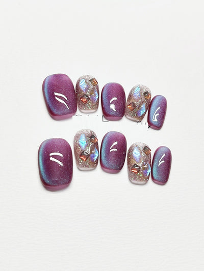 Uñas Postizas Gato Ojo de Gato Púrpura Cortas Removibles - Image 16