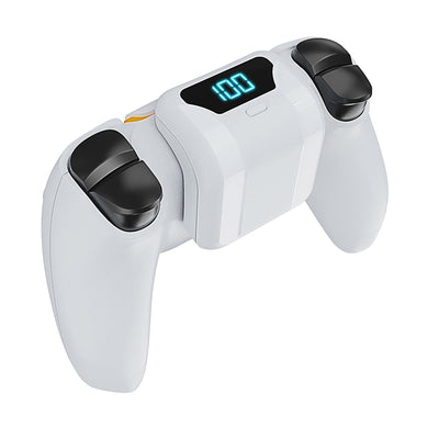White portable battery pack with digital display attached to a PS5 controller, showing 100% charge. - Image 15