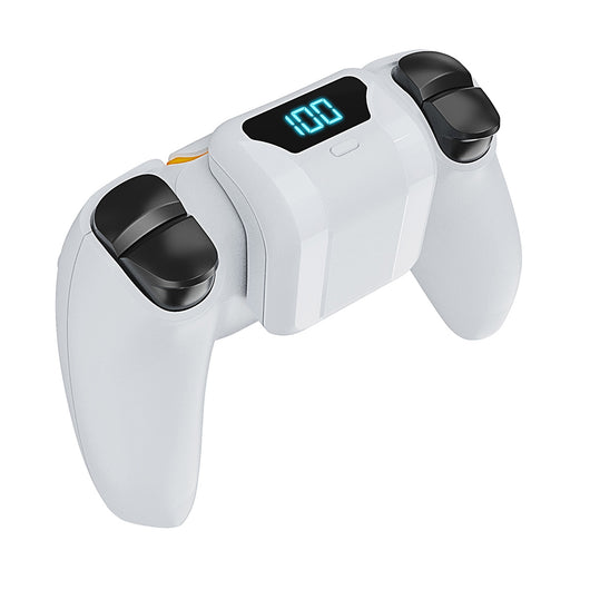 White portable battery pack with digital display attached to a PS5 controller, showing 100% charge. - Image 15