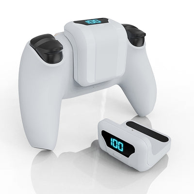 White portable battery pack with digital display attached to a PS5 controller, showing 100% charge. - Image 17