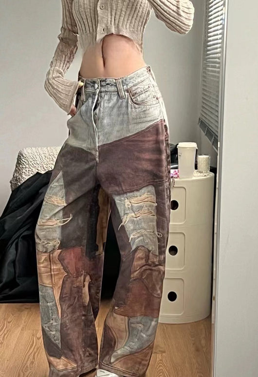 Pantalón Denim Ancho Vintage con Costuras Teñidas y Detalles Rotos - Image 18