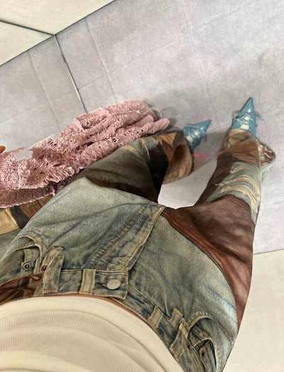 Pantalón Denim Ancho Vintage con Costuras Teñidas y Detalles Rotos - Image 21