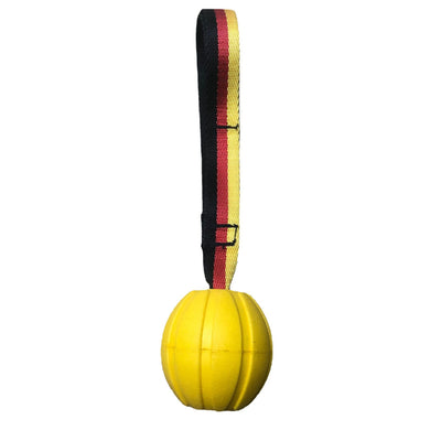Yellow EVA pet training ball with a black, red, and yellow striped tether, designed for water play. - Image 13