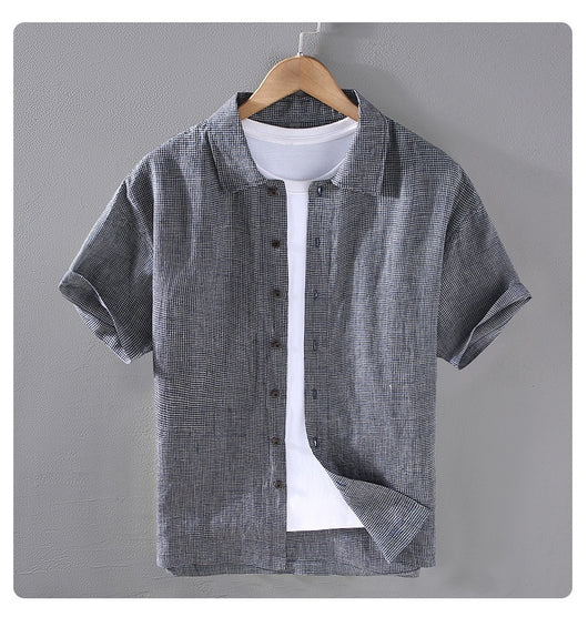 Camisa de Lino Cuadriculada Tejida para Hombre - Manga Corta - Image 27