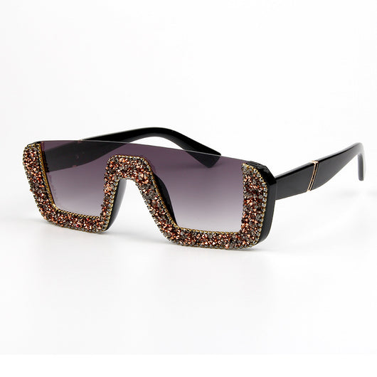 Black square sunglasses with a wavy top frame embellished with brown and clear rhinestones and gradient smoke lenses. - Image 13