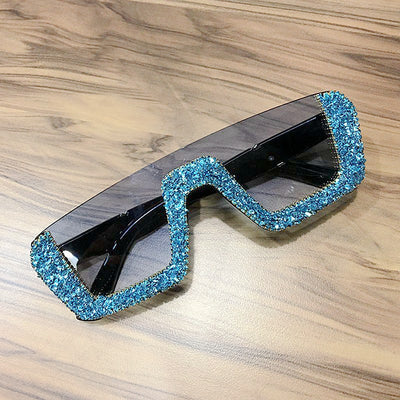 Black square sunglasses with a wavy top frame embellished with brown and clear rhinestones and gradient smoke lenses. - Image 15