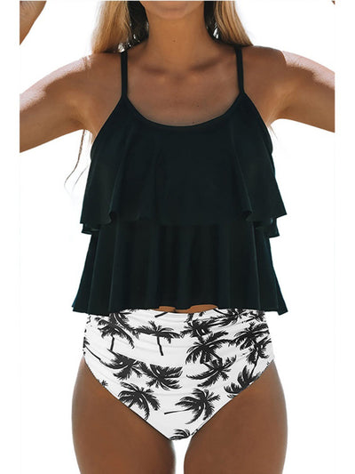 Black two-piece bikini swimsuit with a ruffled tankini top and high-waisted ruched bottoms. - Image 10