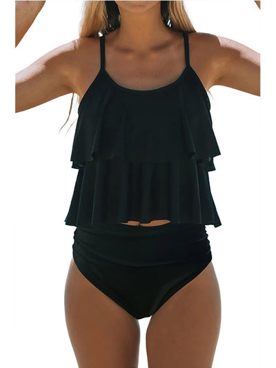 Black two-piece bikini swimsuit with a ruffled tankini top and high-waisted ruched bottoms. - Image 11