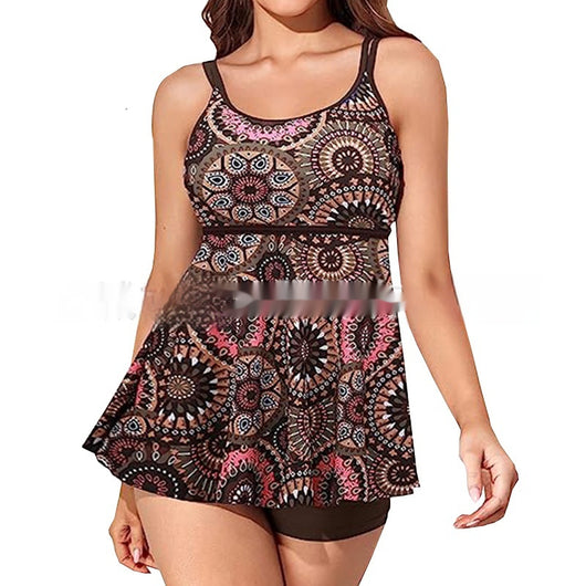 Plus size women's two-piece swimsuit with a coral floral tankini top and black swim shorts. - Image 17