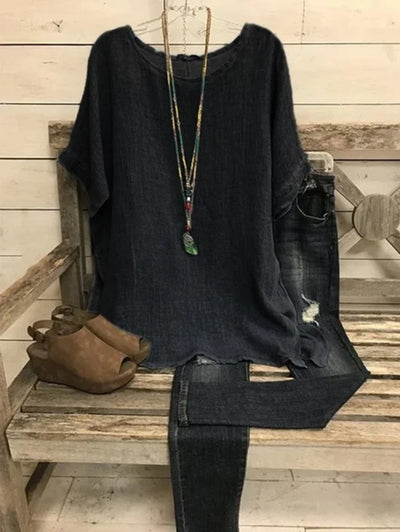 Blusa Suelta de Algodón y Lino para Mujer - Manga Corta - Image 9