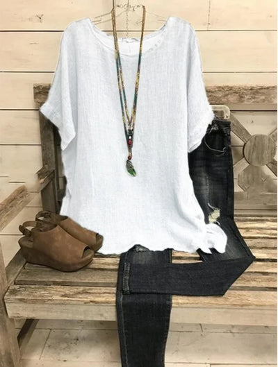 Blusa Suelta de Algodón y Lino para Mujer - Manga Corta - Image 12
