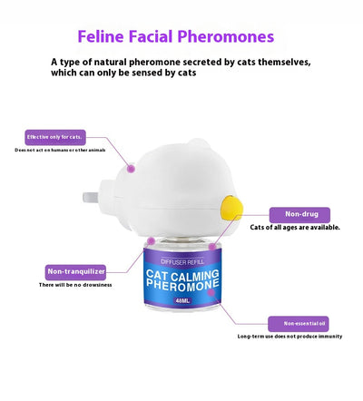 Cat Calming Pheromone Diffuser Kit with a white plug-in diffuser and a green refill bottle, next to its green and white box. - Image 32