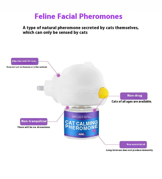 Cat Calming Pheromone Diffuser Kit with a white plug-in diffuser and a green refill bottle, next to its green and white box. - Image 32