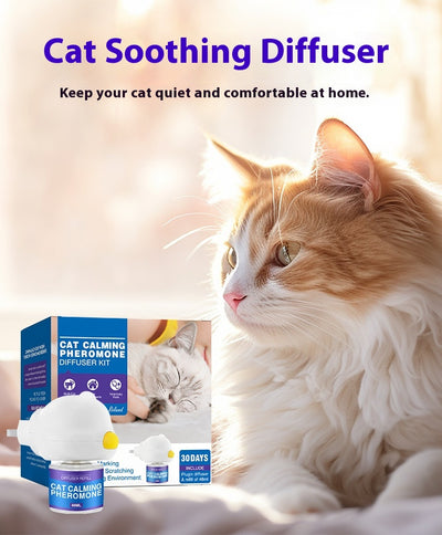 Cat Calming Pheromone Diffuser Kit with a white plug-in diffuser and a green refill bottle, next to its green and white box. - Image 33