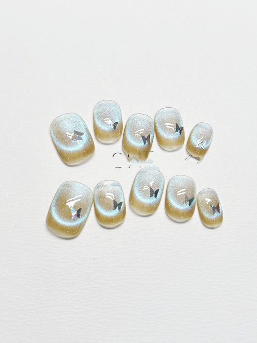 Uñas Postizas Cortas Efecto Ojo de Gato Fluorescente Mariposa - Image 9