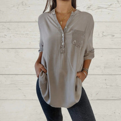 Blusa Casual V-Neck con Bolsillos y Parches Lentejuelas para Mujer - Image 9